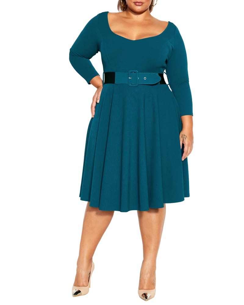 Front of a model wearing a size S DRESS SUPER SWEET ES in Teal by City Chic. | dia_product_style_image_id:317855